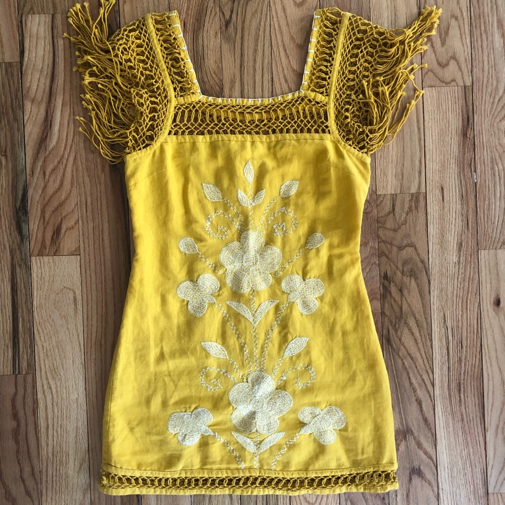 Free People Yellow Embroidered Top w. Fringe Sz 0